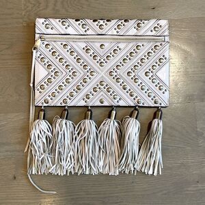 ‎Rebecca Minkoff white studded clutch with tassels